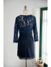 Long Sleeve Navy Blue Lace Chiffon Knee Length Mother Dress